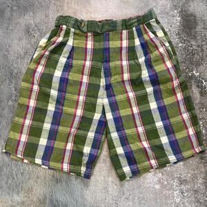 90s Plaid Linen Esc Shorts! Green & Purple Spring Summer. Waist 27